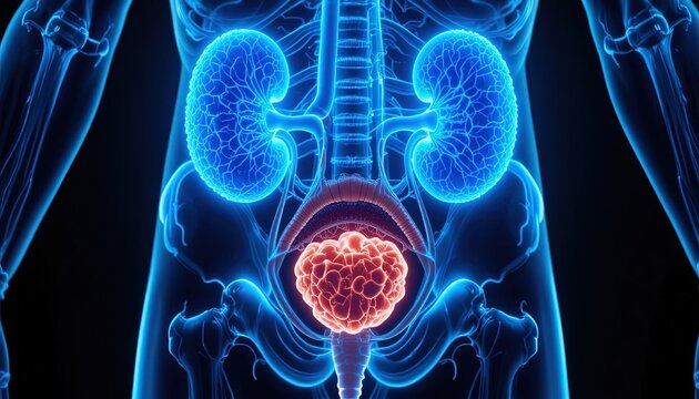 Luminescent rendering depicts the urinary system highlighting an abnormal growth within the bladder area
