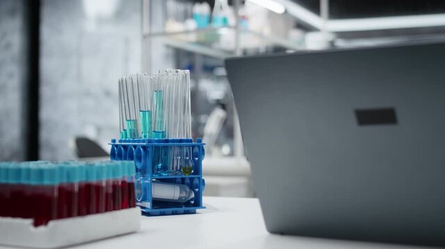 Close up of test tube racks on workbench in sterile empty hospital laboratory. Lab vials with blue liquid in research facility with nobody in used for scientific discoveries