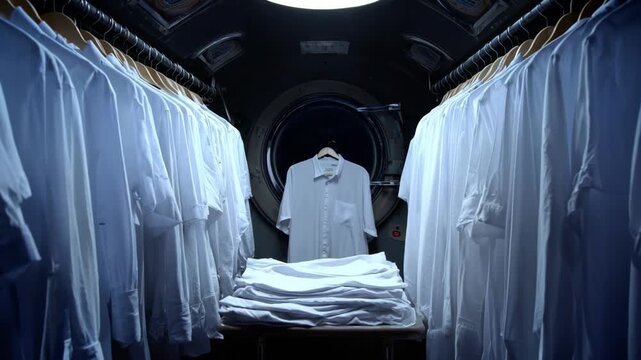 Medium shot of highefficiency steam tunnel finishers smoothing out fabric wrinkles rapidly in an industrial laundry setting showcasing energysaving technology.