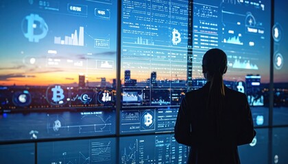 Woman Analyzing Cryptocurrency Data on Futuristic Holographic Window Display Overlooking City Skyline at Sunset