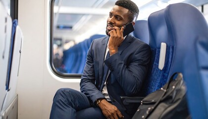 Smiling African American businessman talking on smartphone while commuting on a modern train.