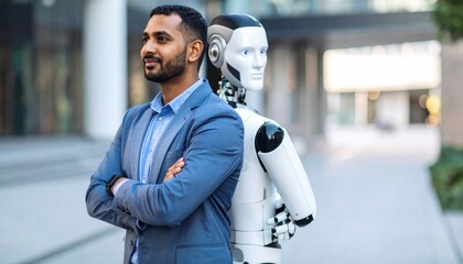 Confident Businessman and Humanoid Robot Partner Representing AI Integration and Future Technology in Business