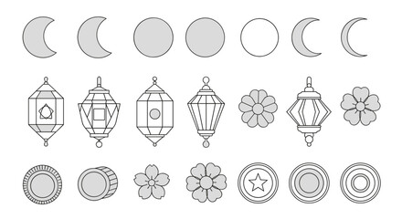 Collection of various lanterns, flowers, and moon phases in line art style