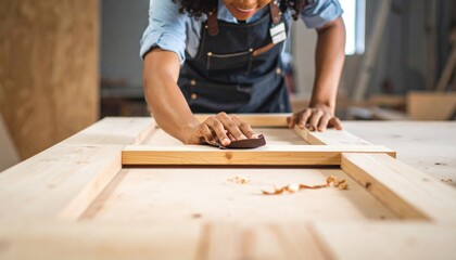 Person sanding a wooden frame with sandpaper, creating a smooth surface in a woodworking workshop.