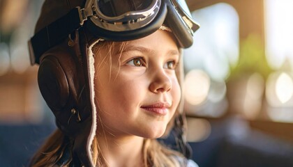 Little girl in aviator hat and pilot goggles dreaming of future adventures and travel