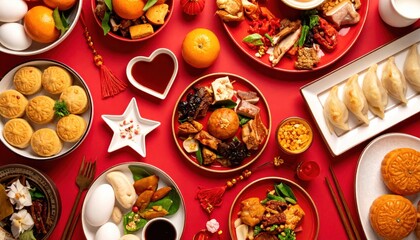 Top view of traditional Chinese New Year food feast, featuring various dishes, dumplings, oranges, and festive decorations on a vibrant red background.