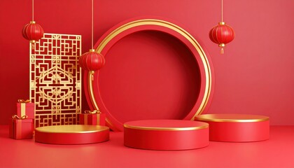 3D rendered red and gold product display podiums with Chinese lanterns, gift boxes, and traditional backdrop