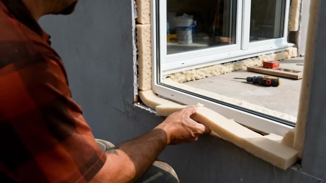 Shot focusing on the application of foam insulation strips at a walltowindow junction highlighting thermal bridging mitigation techniques onsite.