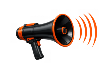 Black and orange megaphone amplifying important public announcement, broadcasting loud message with sound waves, transparent background