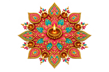 Diwali rangoli mandala oil lamp design, indian festival of lights celebration, decorative hinduism culture art, transparent background