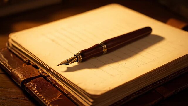 Fountain pen on an old open notebook on a wooden desk surface
