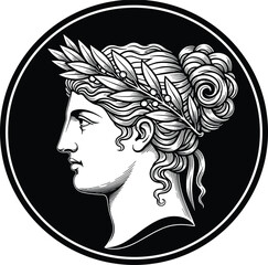 Classical Greek goddess profile silhouette with laurel wreath, vintage black white illustration inspired by ancient mythology and Roman coin art © Su Joy Creatives