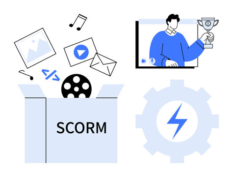 SCORM package with digital media files, programming code symbol, and online learning success featuring trophy and settings gear. Ideal for e-learning, education, gamification, course design, learning
