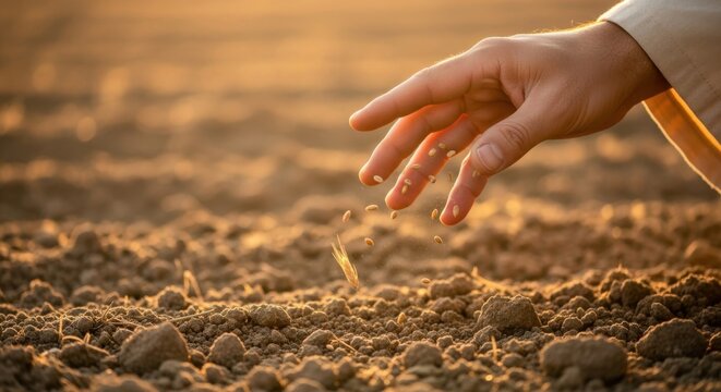 AI image of Jesus Christ hand sowing seeds into soil at sunset, biblical Parable of the Sower concept, Christian spiritual background.