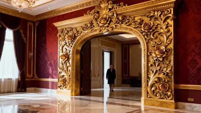 Medium shot of ornate custom architrave with intricate floral and scrollwork patterns creating a luxurious and grandiose room atmosphere.