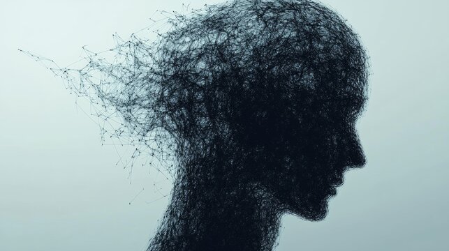 Abstract illustration of a human head in explosion with digital glitch effects