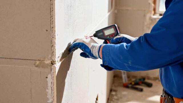 Worker holding handheld pin meter against drywall corner carefully testing moisture levels to prevent mold growth and material failure in renovation projects.