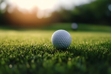 Fototapeta premium A single golf ball resting on a well-maintained green with a blurred background of sunshine and trees.