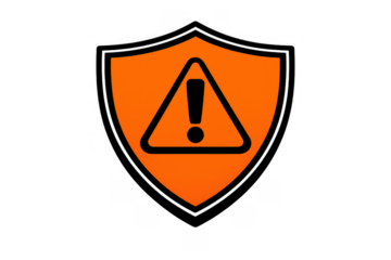 Security shield with orange warning triangle icon protecting against risks, displaying an alert symbol, transparent background