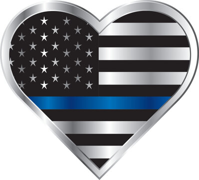 Metal Police badge in heart shape with the USA flag inside and thin blue line to support police officers during police week. Police wife 