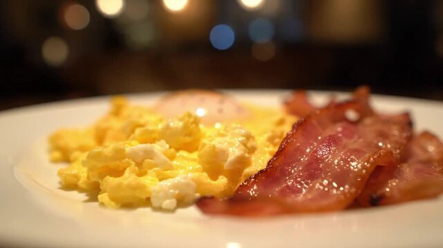 Close-up shot of a delicious continental breakfast plate with fluffy scrambled eggs and crispy bacon strips.