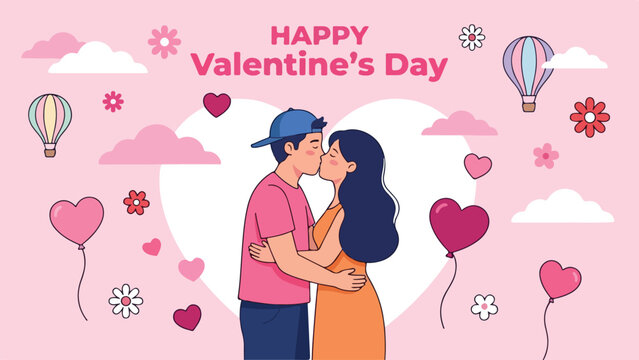 Illustration of a romantic couple kissing on Valentine's Day with hearts, flowers, and hot air balloons in a pastel pink background.