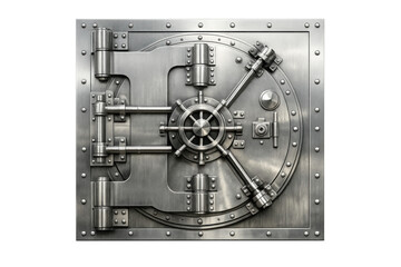 Bank vault door providing security and protection, showing heavy duty steel construction and locking mechanism with transparent background