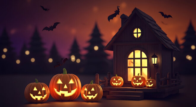 Spooky halloween night with glowing pumpkins and haunted house
