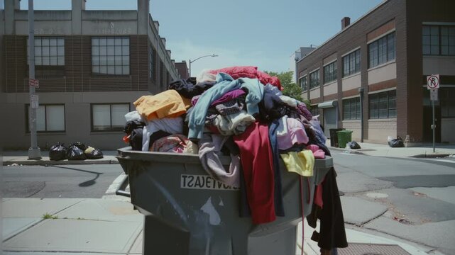 Overflowing garbage bin with colorful clothes in urban alley street scene