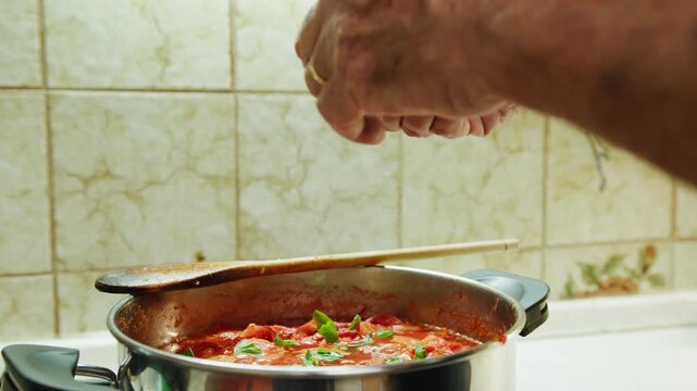 Fresh basil placed in a pot with fresh tomato sauce typical Sicilian food