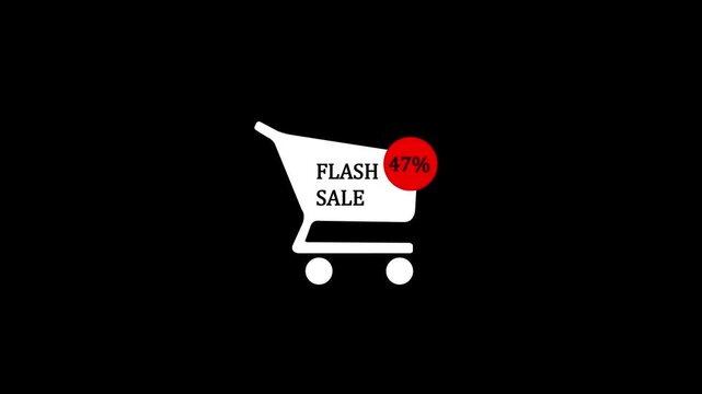 Shopping cart with 47 percent flash sale discount on a black background, with video animation.