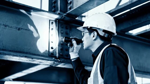 Visual inspection of steel framework by safety inspector closely examining welds and surface conditions for structural soundness.