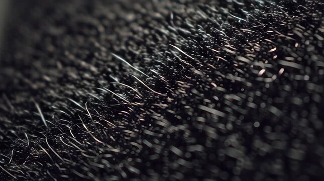 Close-up of dark textured surface with thin white and light brown fibers.