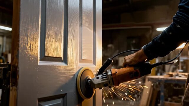 Side view of sanding machine in action on a painted door emphasizing speed and precision in eliminating stubborn old paint
