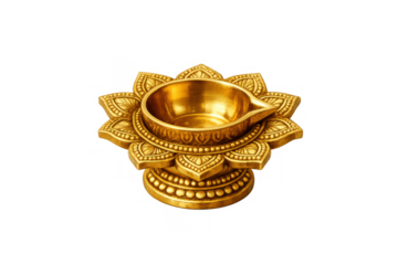 Brass oil lamp in lotus design with gold luster, representing hindu ritual diya for diwali and puja celebration