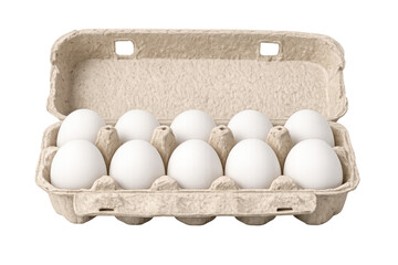 White eggs in open cardboard carton, fresh farm ingredient for cooking and baking, transparent background