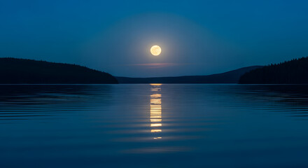 Full moon reflection over calm water at night with blue sky - Concept of Worm moon  