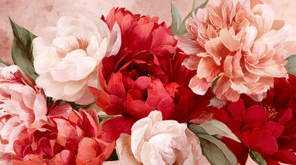 Digital illustration of Valentine's Day flowers, roses, and peonies in shades of red and pink, watercolor style, soft strokes, atmosphere of love and tenderness.