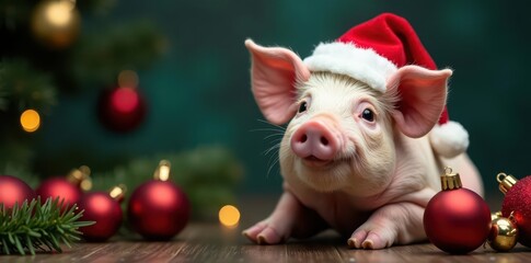 A pig wearing a Santa hat, surrounded by Christmas baubles , red hat, cute, joy