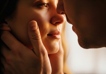 Extreme Close Up Of A Man Gently Touching A Woman Face With Affectionate Expression And Soft Warm Lighting