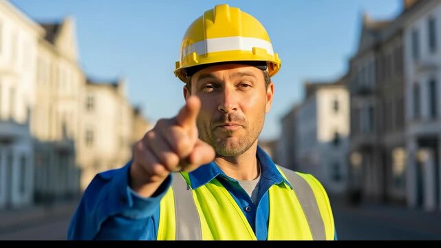 Construction worker pointing forward in urban environment at sunset