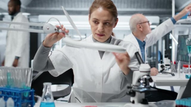 Female researcher uses laboratory lamp to examine test subject in petri dish. Woman in research facility holds medical container to light source, monitoring samples for impurity detection, camera B
