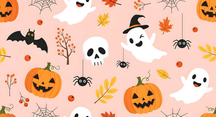 Fototapeta premium Halloween themed seamless pattern with ghosts pumpkins and spiders on pink background