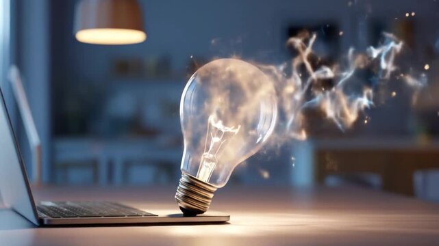 Conceptual imagery of a lightbulb emerging from a laptop on a desk