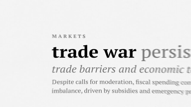 Trade war economic crisis, global market volatility, financial news headlines, animation match cut newspaper effect, typography, dynamic text transition