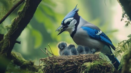 Nurturing blue jay feeding its young in a nest
