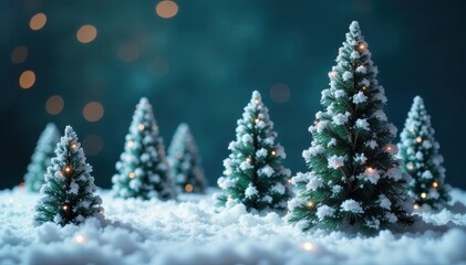 Artificial snow-dusted Christmas trees on display, festive season, festive shop
