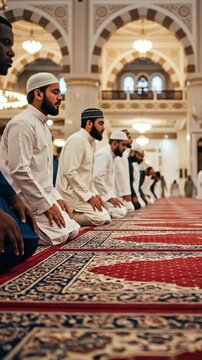 Diverse Group of Men Engaged in Prayer Inside a Grand Mosque During Religious Gathering