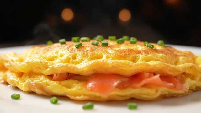 A close-up shot of a perfectly cooked golden omelet filled with pink smoked salmon and garnished with fresh green chives on a white plate.