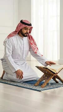 Muslim Man Praying with Quran on Stand in Bright Room